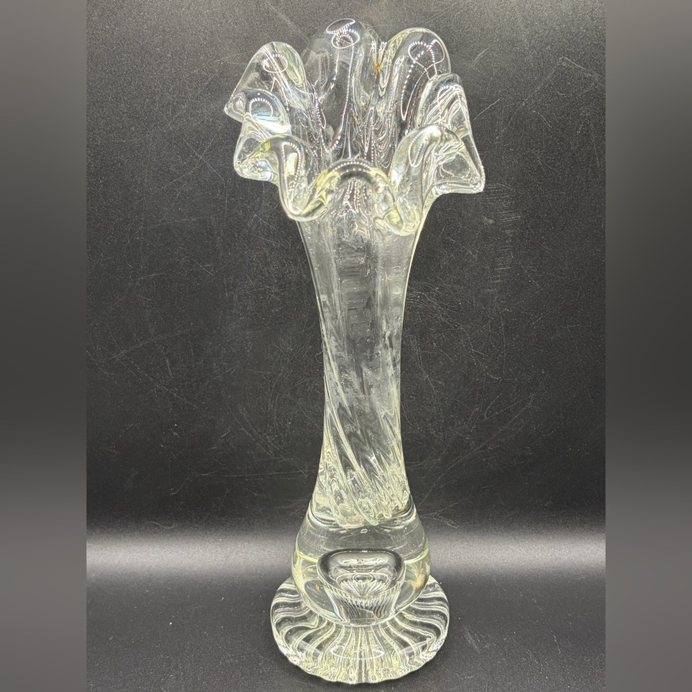 Vintage Mid Century Swung Glass Vase Chunky Ruffled Thick Walled Vessel Decor - Picture 5 of 14